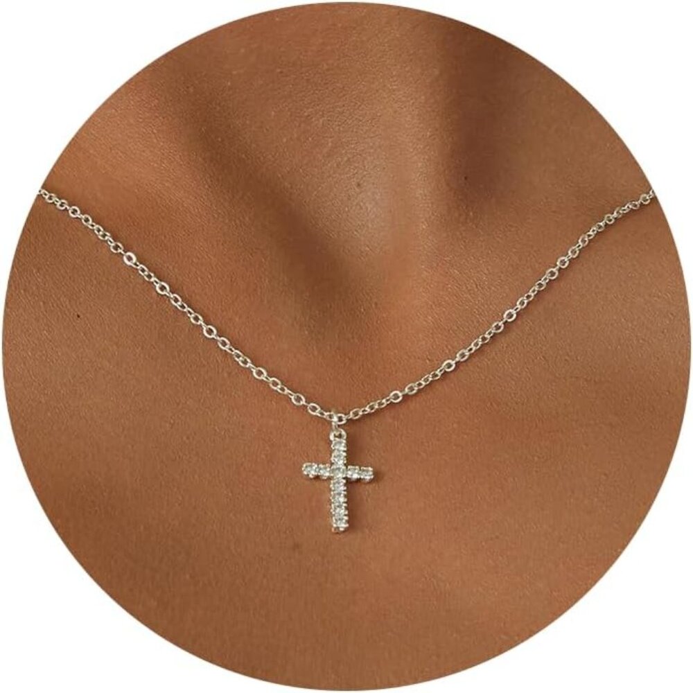 Cross Necklace for Women-Dainty Simple 14k Gold Plated Cross Pendant Cute Diamon